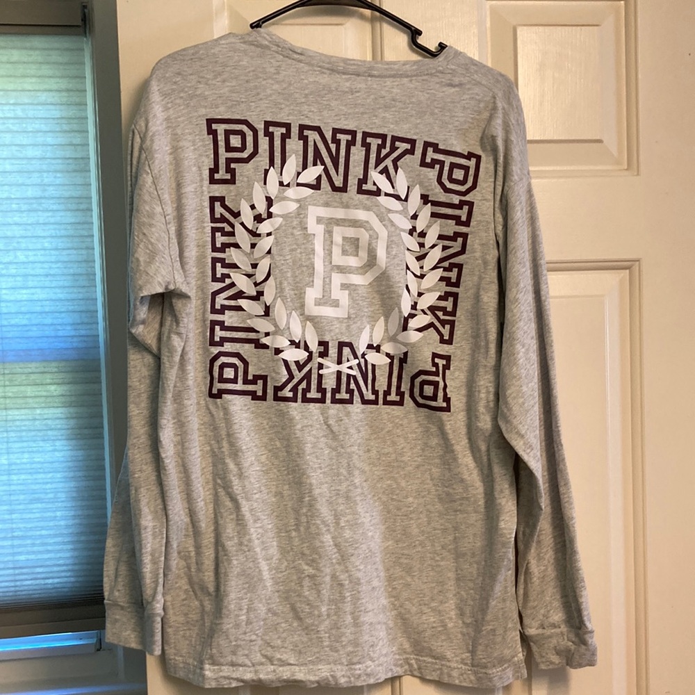 EUC Victoria's Secret L PINK Heather Gray Long Sleeve Shirt Maroon Collegiate